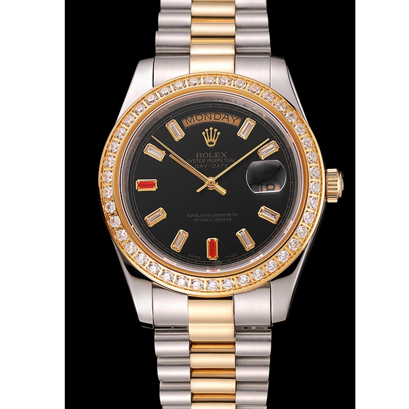 Rolex copies cheap Diamonds Bracelet Tone Swiss 1454105 Black Dial Rubies And Two Rolex Day-Date 0818